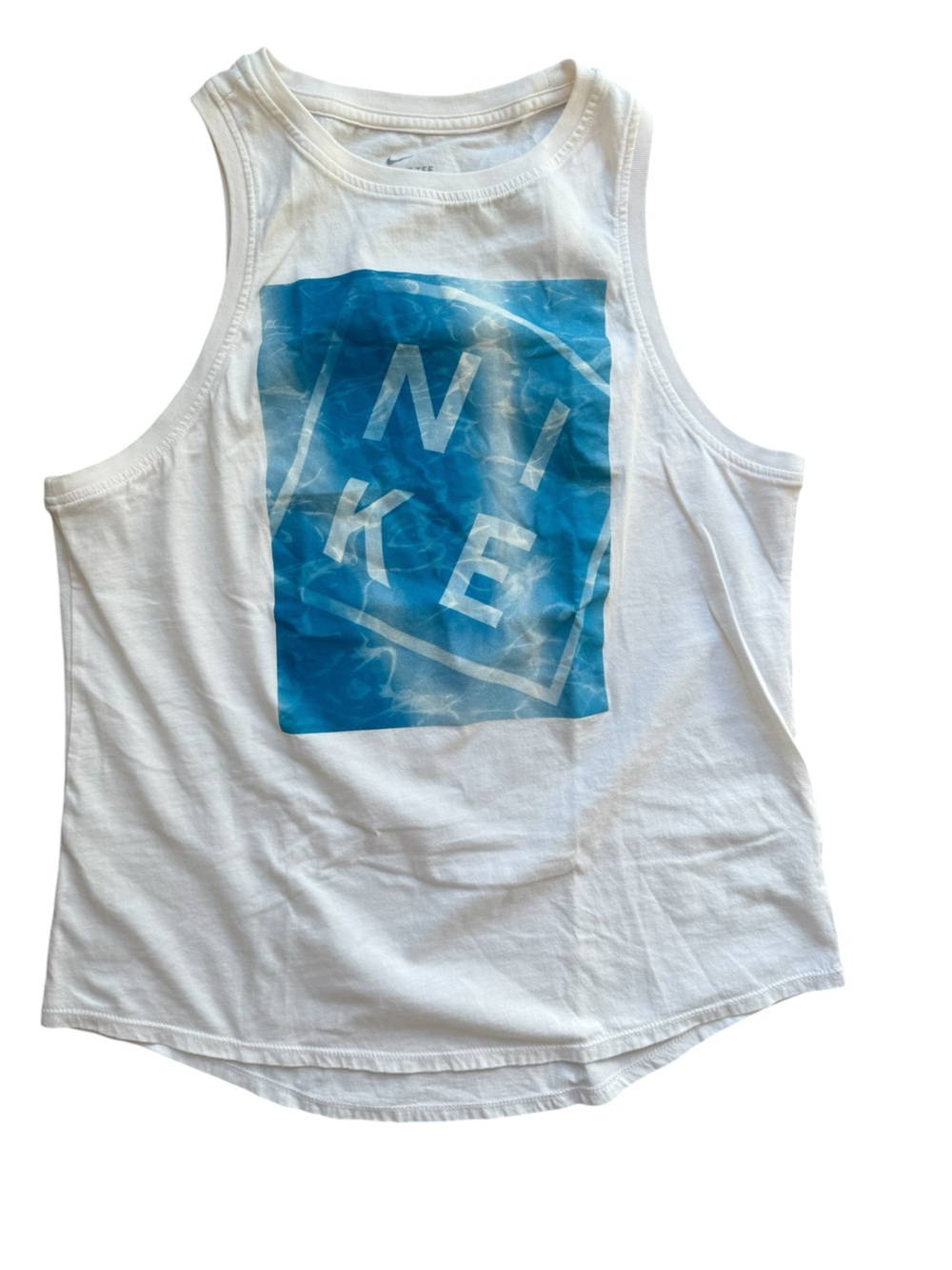 Nike Women’s Tank Top M White Racerback Curved Hem Blue Graphic Gym Girl